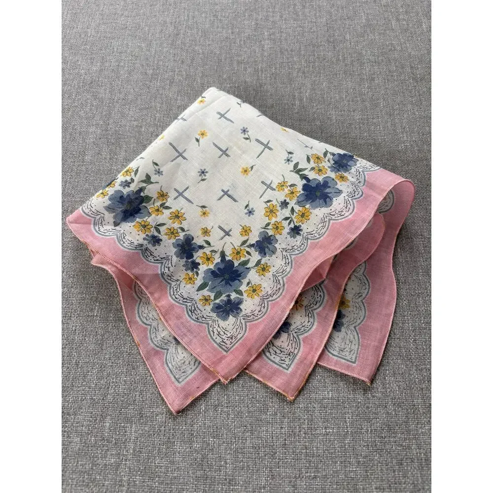 Vintage Hankerchief Blue Pink Yellow Flowers Floral Pocket Scarf Hanky 12